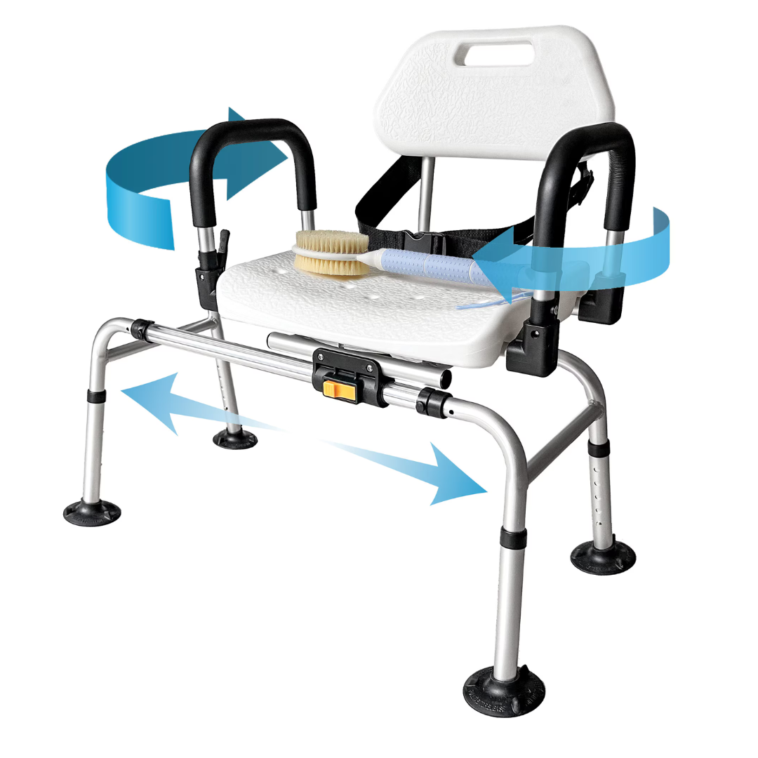 The DMI Rotating Sliding Tub Transfer Bench features a white seat and backrest, black armrests, adjustable legs, and a sliding, rotating design. Bath Safety Equipment such as a brush and sponge are on the seat. Blue arrows indicate swivel motion.